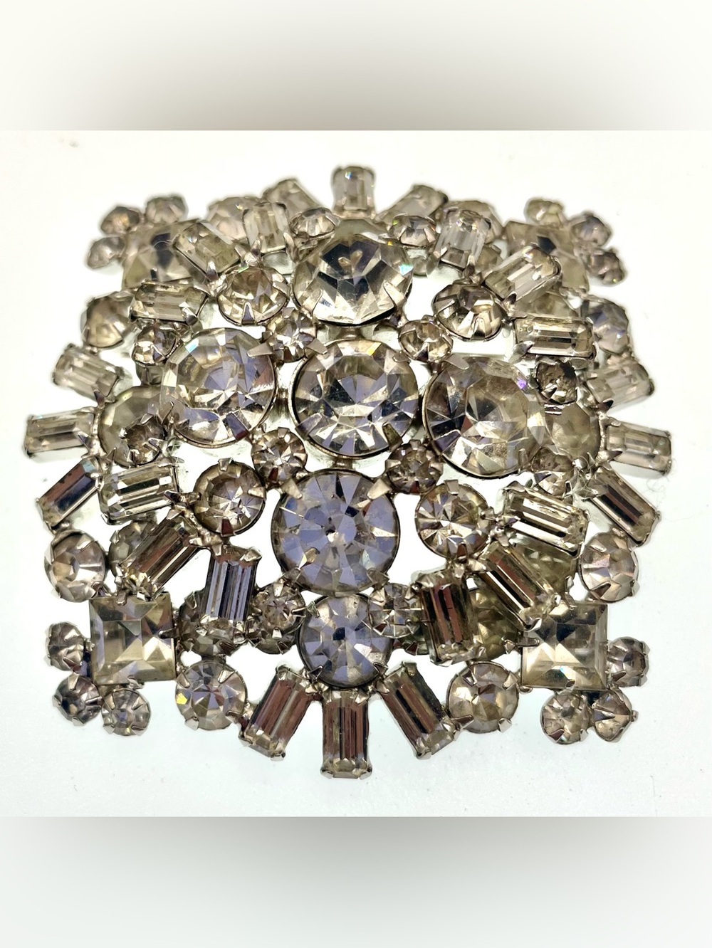 Vintage Mid Century Large Multi-Tiered Clear Rhinestone Crystal Brooch Statement